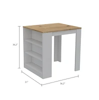 Milos Kitchen Island Table, Two Legs, Three Side Shelves, White / Pine