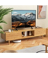 Costway 63" Bamboo Tv Stand with 3 Storage Cubes Sliding Doors Mid Century Storage Cabinet