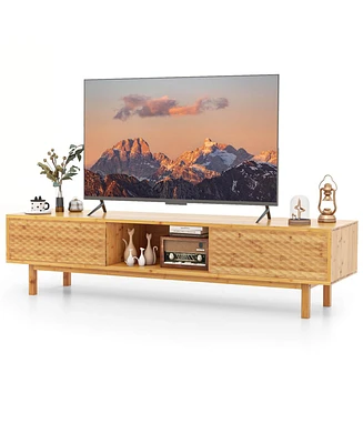 Costway 63" Bamboo Tv Stand with 3 Storage Cubes Sliding Doors Mid Century Storage Cabinet