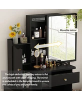 Homsee Black Wood Sliding Big Mirror Makeup Vanity Sets Dresser Table With Cabinet, Storage Shelves, 4-Drawers and Stool