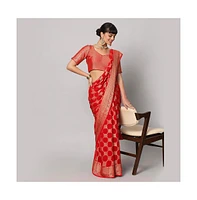 One Minute Saree Women's Jiva Red Gold Embroidered Georgette Ready to Wear Sari