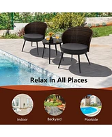 Sugift 3 Pieces Patio Rattan Bistro Set with 2 Seat Cushions and Tempered Glass Tabletop