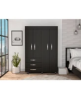 Hamilton Mobile Armoire, Double Door Cabinet, Three Drawers, Rods, Two Shelves, Black