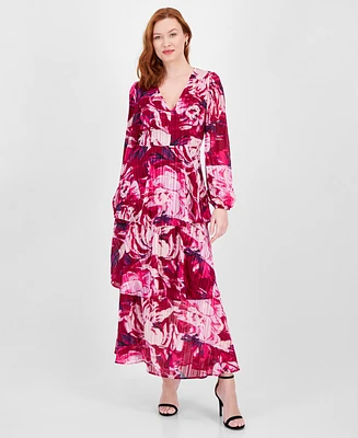 Rachel Roy Women's Printed Blouson-Sleeve Tiered Maxi Dress