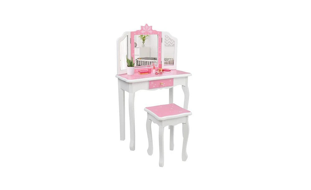 Slickblue Children's Wooden Dressing Table with Three-Sided Folding Mirror, Chair, and Single Drawer in Blue Snowflake Style