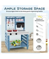 Hongge Double-sided Wooden Play Kitchen and Grocery Stand with Stoves for Kids 3+ Years Old