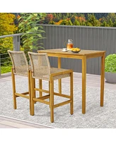 Sugift Set of 2 Rattan Patio Wood Barstools Dining Chairs with Backrest