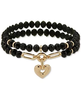 Anne Klein Gold-Tone Imitation Pearl & Pave Heart Charm Beaded Double Row Stretch Bracelet