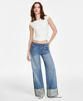 Madden Girl Juniors' High-Rise Slouchy Wide-Leg Cuffed Jeans