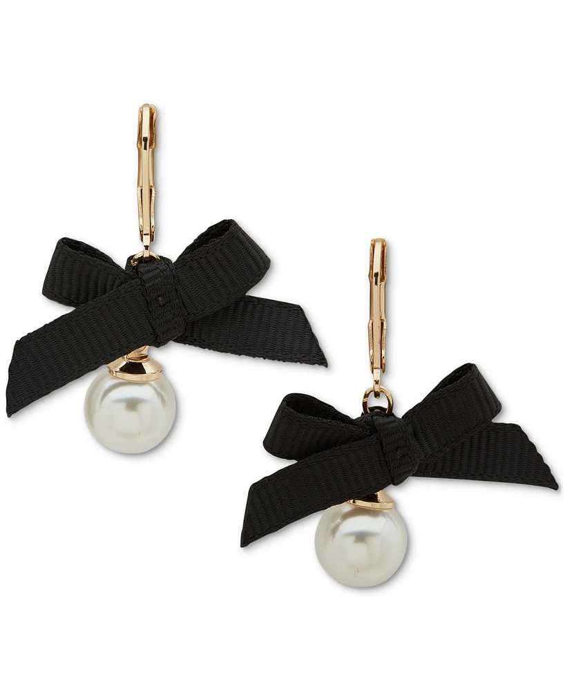 Anne Klein Gold-Tone Imitation Pearl & Black Bow Leverback Drop Earrings