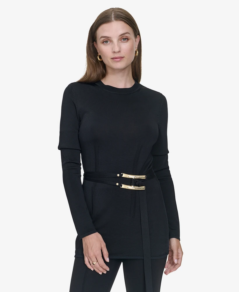 Halston Women's Belted Long-Sleeve Crewneck Top