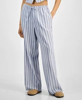 Hippie Rose Juniors' Striped Wide-Leg Drawstring Linen-Blend Pants