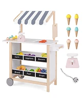 Kids Ice Cream Cart Wooden Toddler Farmers Market Stand W/ Chalkboard & Storage