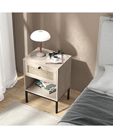 Gymax 2PCS Rattan Nightstand Boho End Table w/ Drawer & Open Shelf for Living Room Oak