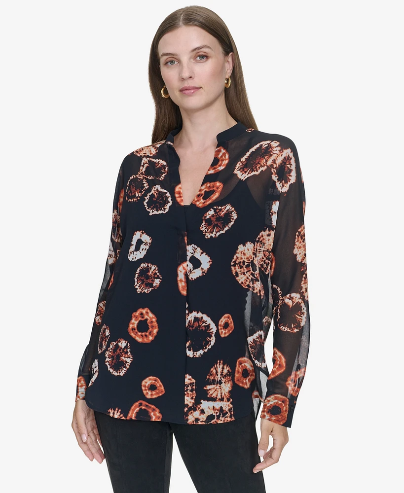 Halston Women's Printed Split-Neck Blouse