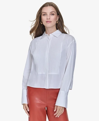 Halston Women's Cotton Cropped Tuxedo Shirt