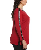 Rafaella Plus Size Ribbed Faux Leather Trim Long Sleeve Tunic Top