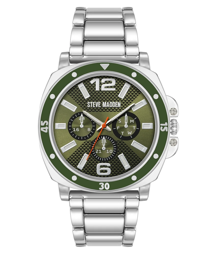 Steve Madden Men's Polished Green and Silver-Tone Alloy Metal Watch, 45mm - Green/Silver