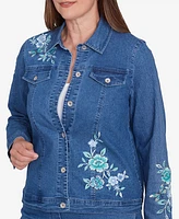 Alfred Dunner Women's Lake Victoria Floral Embroidered Denim Jacket