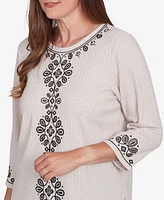 Alfred Dunner Women's Romancing the Stone Center Embroidered Medallion Textured Top