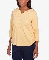 Alfred Dunner Women's Block Island Tonal Embroidered Ruched Top