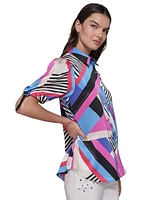 Karl Lagerfeld Paris Petite Geo-Print Bungee-Cuff Blouse