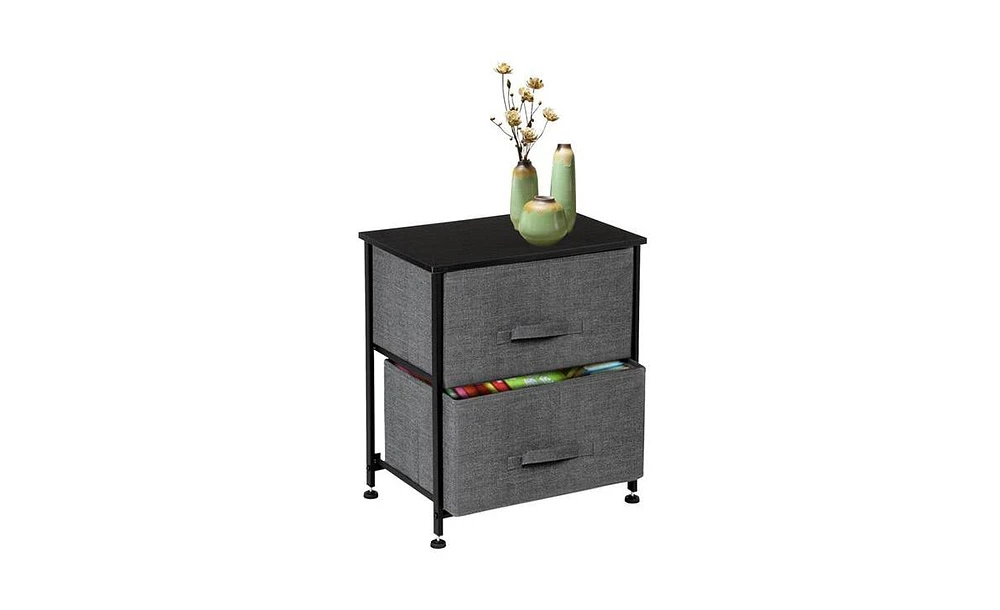 Slickblue 2-Drawer Nightstand and End Table Storage Tower with Sturdy Steel Frame, Wood Top, and Easy-Pull Fabric Bins