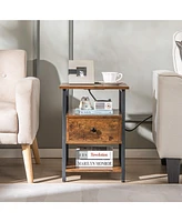 Gymax Nightstand Bedside Sofa End Table w/ Charging Station Open Shelves & Drawer