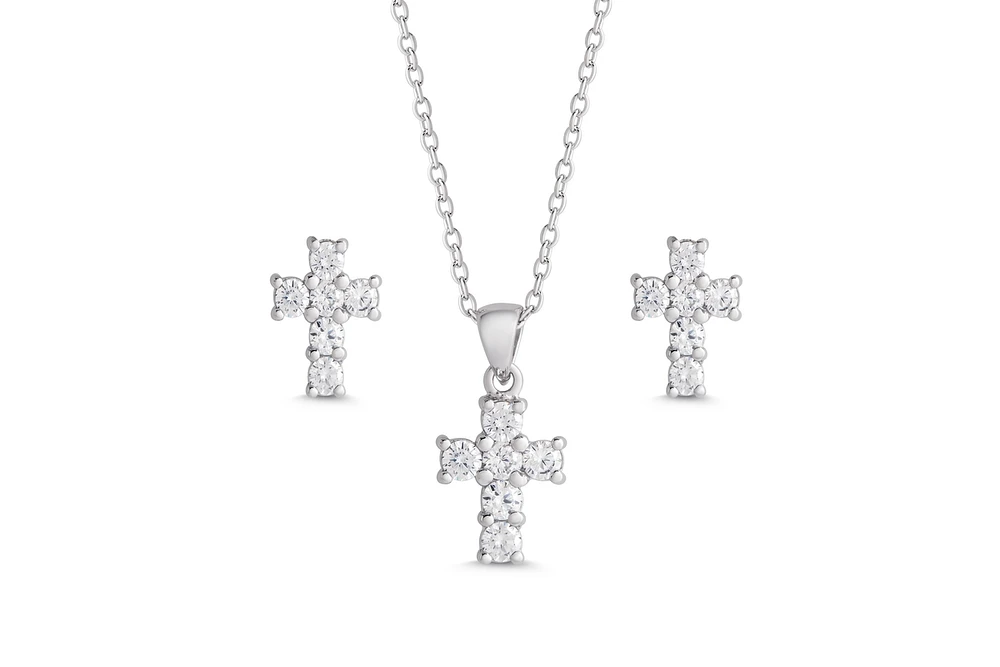 Lily Nily Girls Cz Cross Pendant and Stud Earrings Set in Sterling Silver