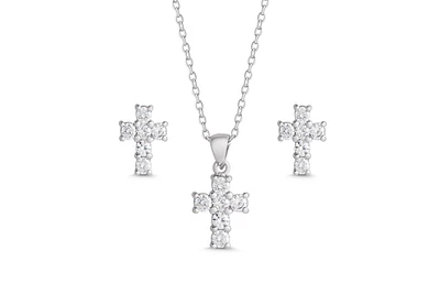 Lily Nily Girls Cz Cross Pendant and Stud Earrings Set in Sterling Silver