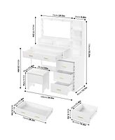 gaomon Vanity Desk with Mirror and Lights, Makeup Vanity with 5 Drawer, 3 Level Cabinets & 3 Tiers of Open Shelves