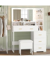 gaomon Vanity Desk with Mirror and Lights, Makeup Vanity with 5 Drawer, 3 Level Cabinets & 3 Tiers of Open Shelves