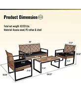 Slickblue 4-Piece Patio Furniture Set, Outdoor Acacia Wood Table with Modern Black & Light Brown Chairs for Balcony