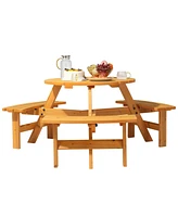 Slickblue 6-Person Outdoor Circular Wooden Picnic Table with 3 Built-In Benches for Family Gatherings