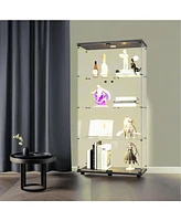 Lighted Two Door Glass Cabinet Glass Display Cabinet with 4 Shelves, Black