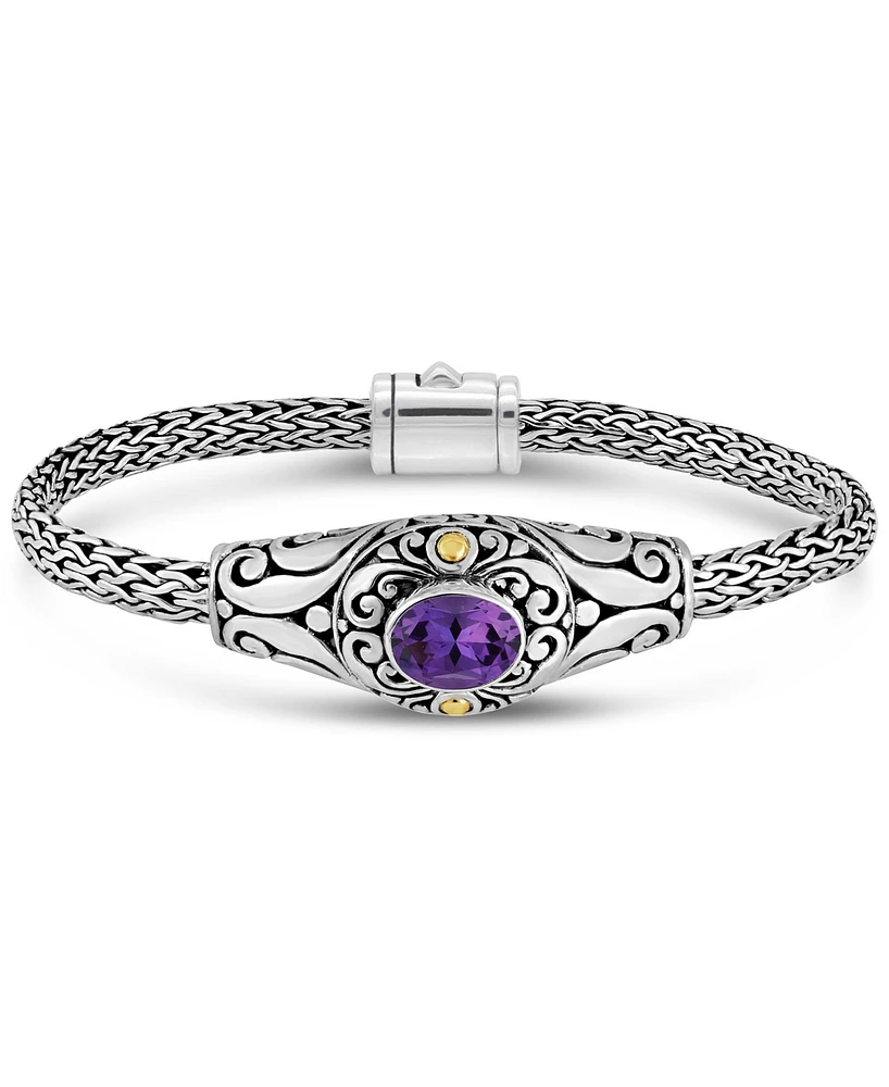 Devata Amethyst & Bali with Dragon Bone Chain Bracelet in Sterling Silver and 18K Gold, Large 8.0 in