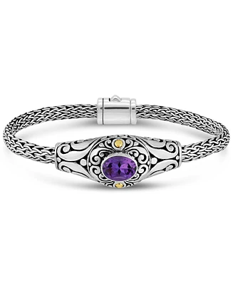 Devata Amethyst & Bali with Dragon Bone Chain Bracelet in Sterling Silver and 18K Gold, Large 8.0 in