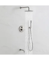 Mondawe Brush Nickel Three function Pressure Balance Shower Set with 10 in Round Shower Head & Valve