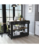 Depot E-Shop Delos Kitchen Island 36" H, Six Casters, Two Drawers, Open Storage Shelves, Towel Hanger