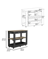 Depot E-Shop Delos Kitchen Island 36" H, Six Casters, Two Drawers, Open Storage Shelves, Towel Hanger