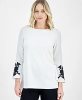 Anne Klein Women's Embroidered Bell-Sleeve Boat-Neck Tunic Top