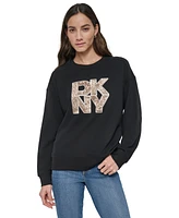 Dkny Jeans Women's Sequin Applique Satin Stitch Stack Logo Cotton Sweatshirt