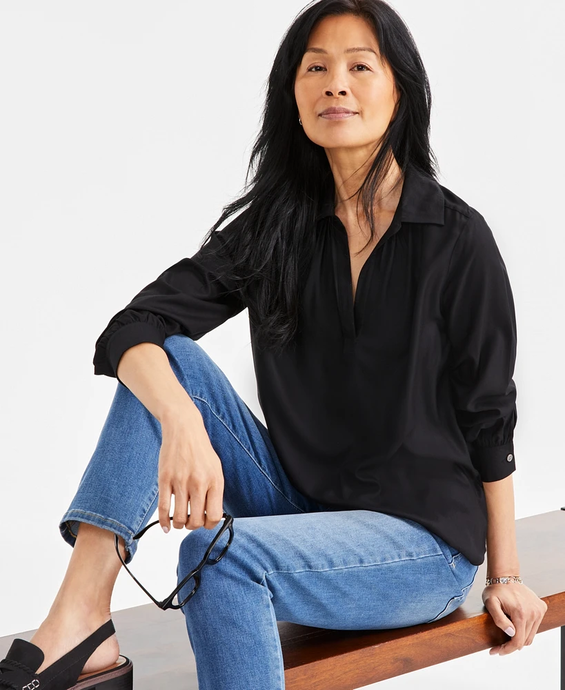 Style & Co Petite Johnny-Collar Long-Sleeve Top, Exclusively at Macy's