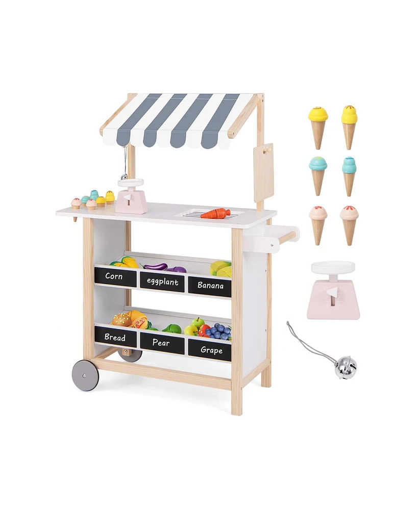 Hongge Kids Wooden Ice Cream Cart with Chalkboard and Storage for over 3 Years Old-White