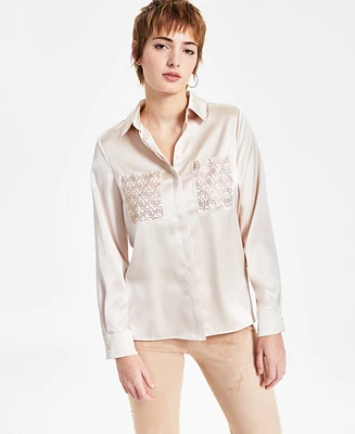 Guess Women's Margurite Bedazzled-Pocket Satin Shirt