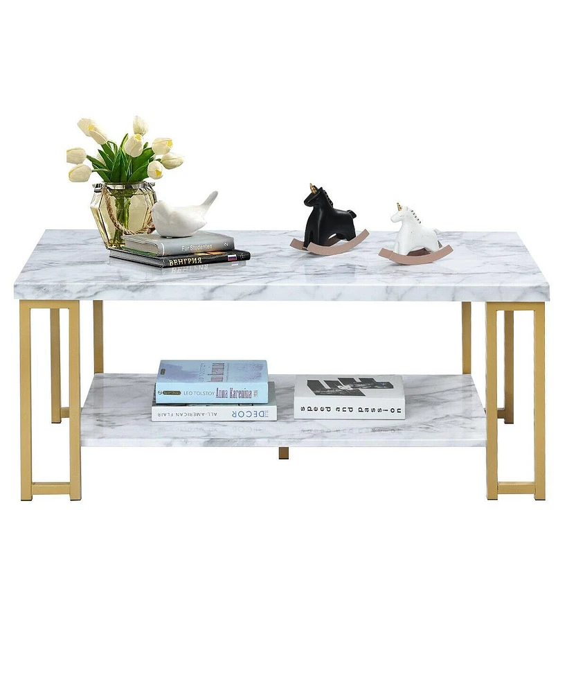 Gymax Modern Coffee Table Faux Marble Top Accent Cocktail Table w/ Gold Metal Frame