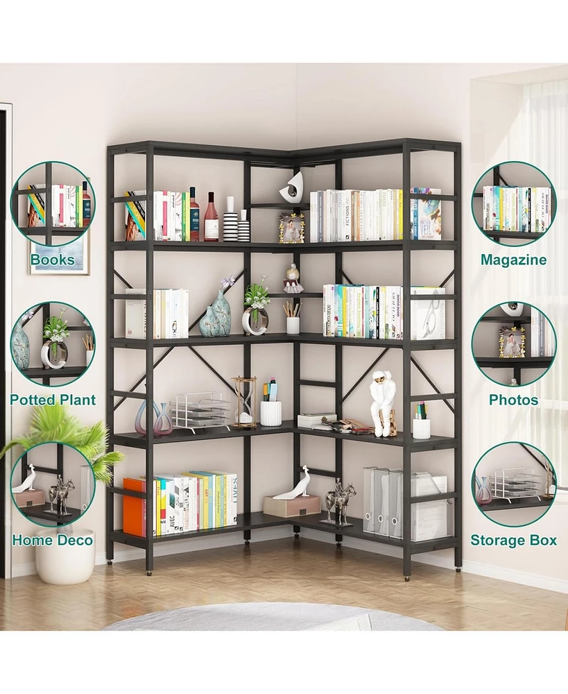 gaomon 5-Tier L-Shaped Corner Bookshelf - Industrial Tall Bookcase with Heavy-Duty Metal Frame for Bedroom, Living Room, and Home Office