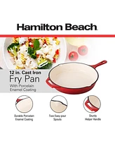 Hamilton Beach Enameled Cast Iron Fry Pan 12-Inch Red, Cream Enamel Coating, Skillet Pan for Stove Top and Oven