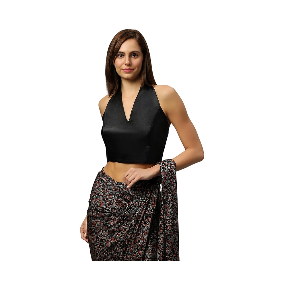 One Minute Saree Women's Amara Halter V-Neck Tie Back Satin Silk Blouse