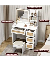 gaomon Rattan Makeup Vanity Desk with Charging Station, Vanity Desk with Mirror, 3 Lighting Modes Led Light